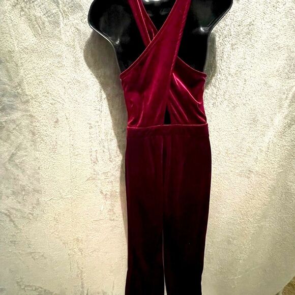 Red Sleeveless Jumpsuit Plunging V-Neckline Fitted Waist - Picture 3 of 9